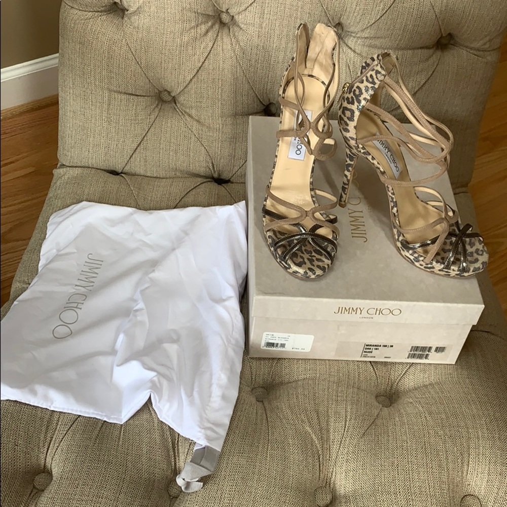 Jimmy Choo strappy animal print zipper back. +box